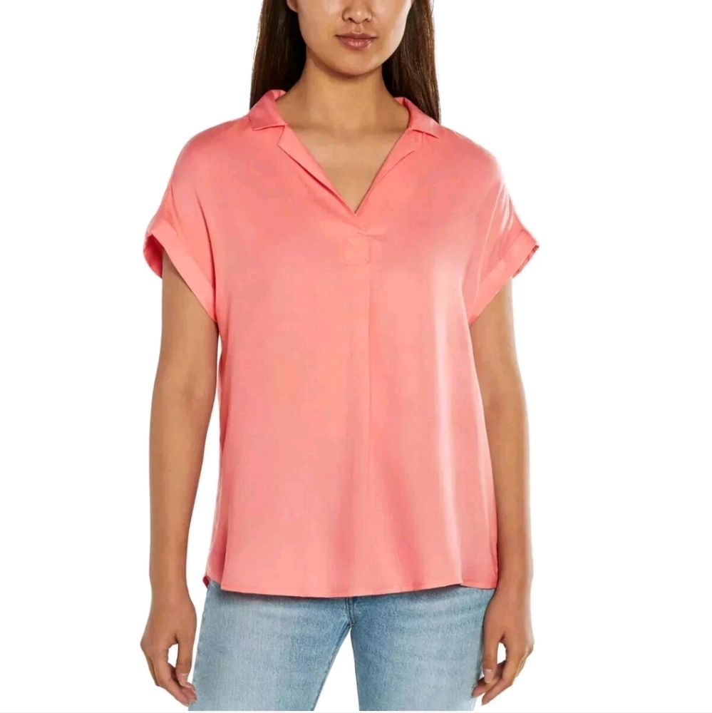 GAP Womens Popover Notched Collar Tacked Cuffs Blouse Pink Preppy Size XL Casual